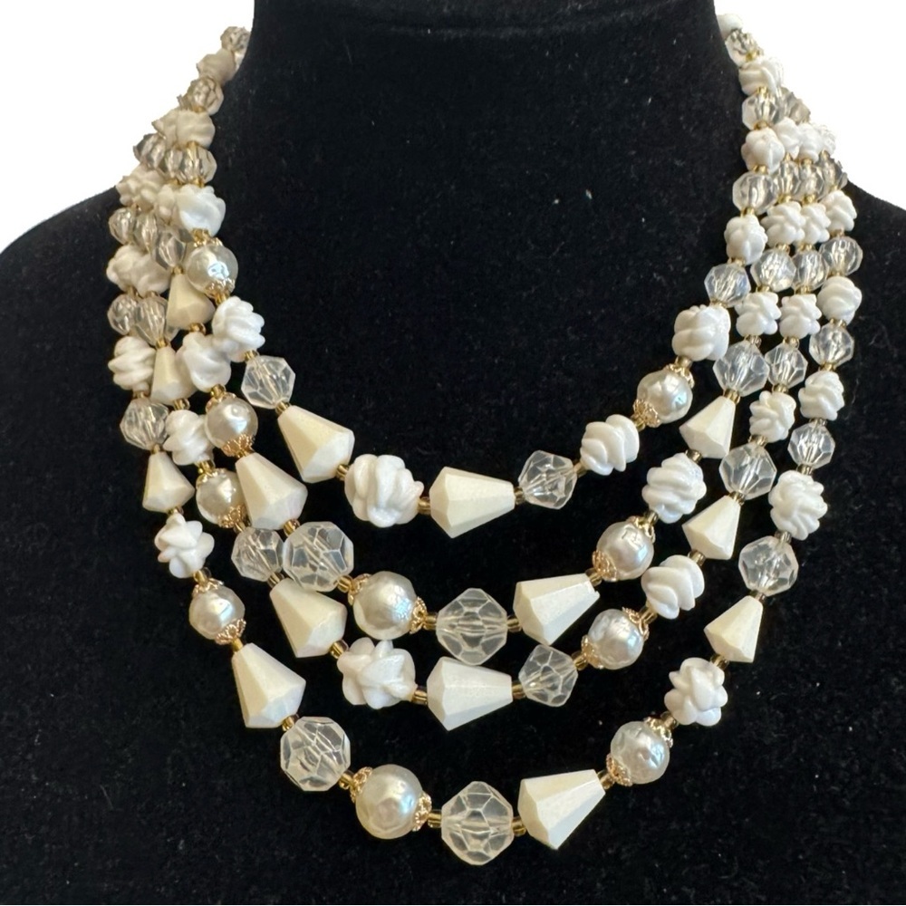 Vintage West Germany Multifaceted Four Strand Lucite Beads Faux Pearl Necklace - Picture 2 of 16